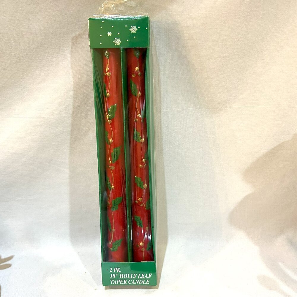 Pair of VTG 1994 Christmas Holiday Holly Leaf on Red Taper Candles New in Box